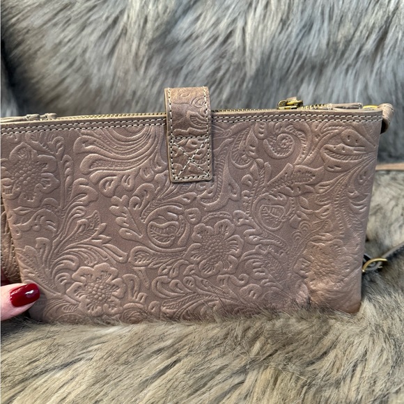 PRICE FIRM Margot Embossed Brown Leather Crossbody Bag - Picture 10 of 12